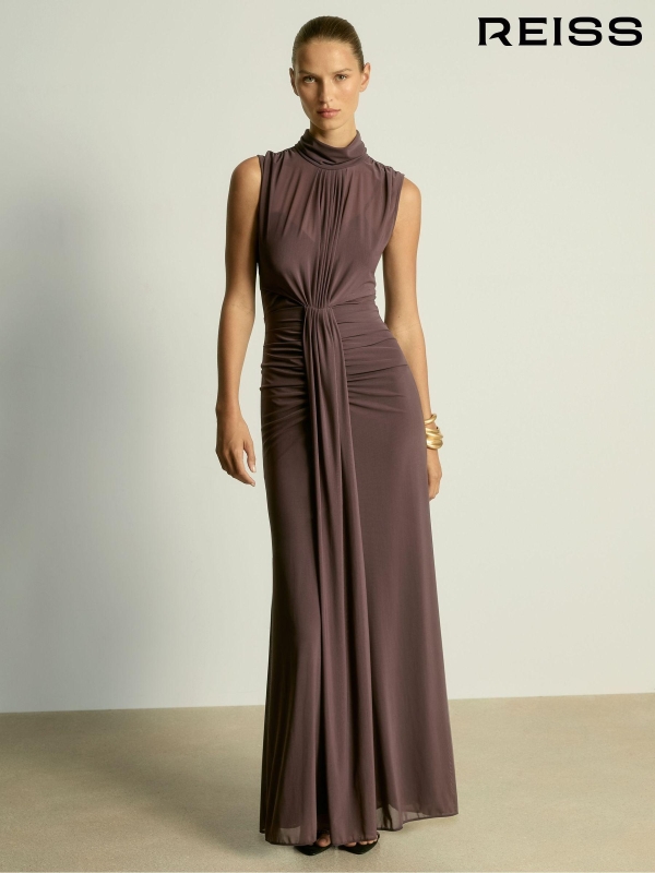 Reiss Taupe Daniella Sheer Ruched Maxi Dress