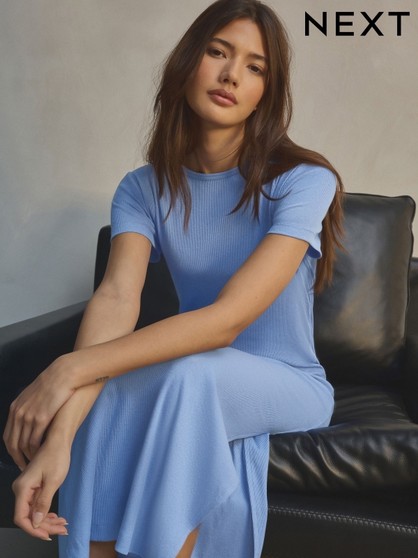 Sky Blue Ribbed T-Shirt Style Column Maxi Dress With Slit Detail