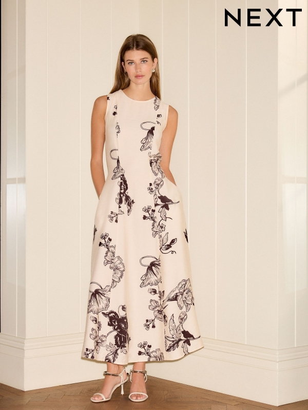 Cream and Black Floral Print Sleeveless Column A-Line Maxi Dress
