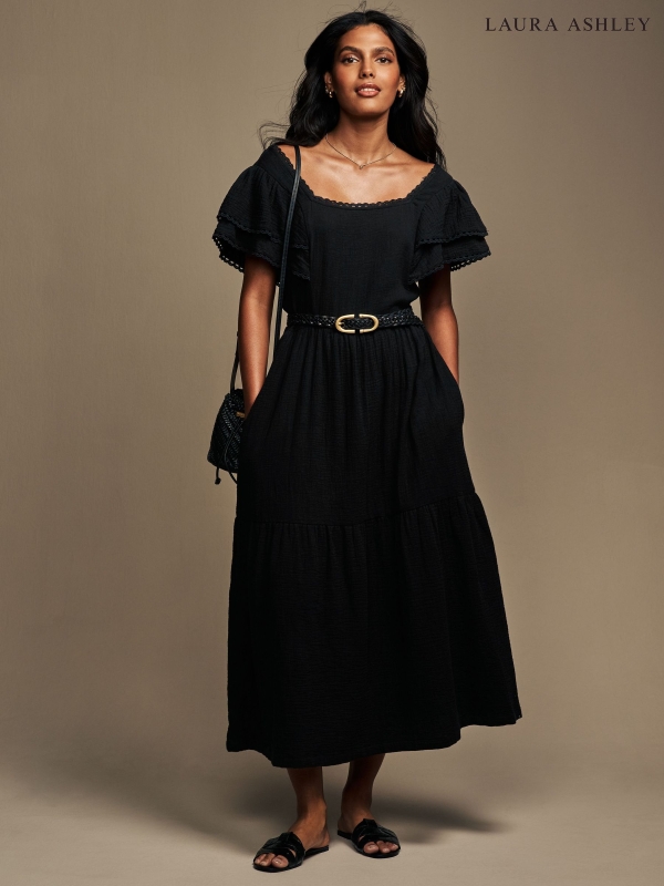 Laura Ashley Black Ruffle Sleeve 100% Cotton Dress with Lace Trims