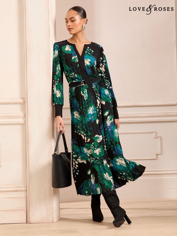 Love & Roses Black Animal Pleated Midi Dress