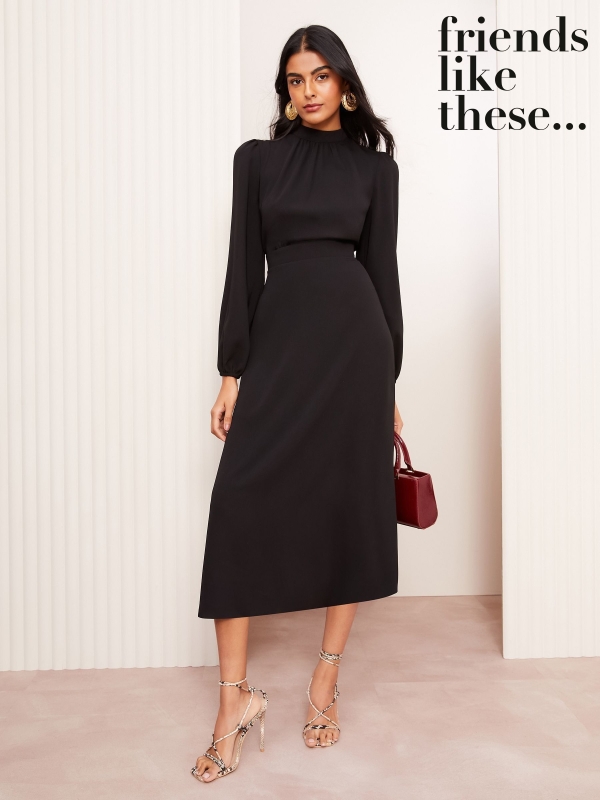 Friends Like These Black High Neck Long Sleeve Midi Dress with Bow Detailing