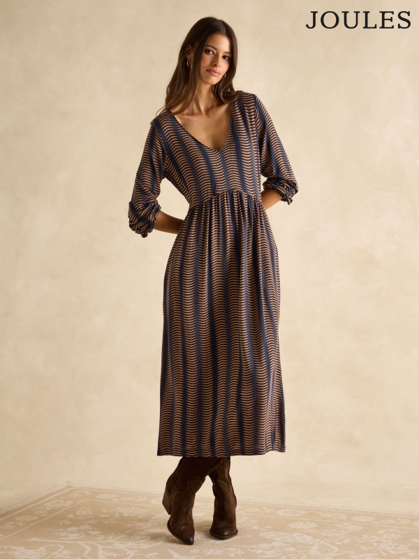 Joules Nia Navy Blue & Tan V-Neck Long Sleeve Midaxi Dress