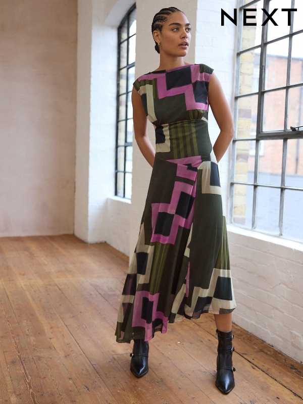 Green/Pink Geo Print Mesh Midi Short Sleeve Asymetric Hem Dress