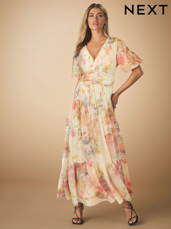 Off White Smudge Floral Print Mesh Pleated Puff Sleeve Waist Detail Occasion Midi Dress