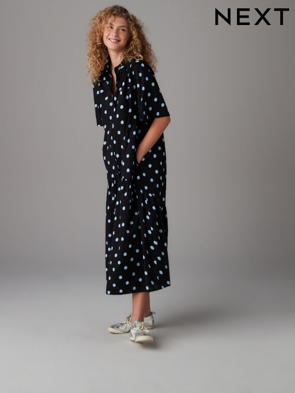 Black and Blue Spot Print Short Sleeve Drop Waist 100% Cotton Maxi Shirt Dress