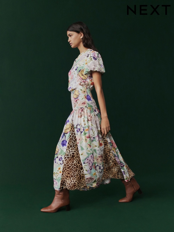 Pink Floral and Brown Leopard Print Short Sleeve Crew Neck Spliced Midi Dress
