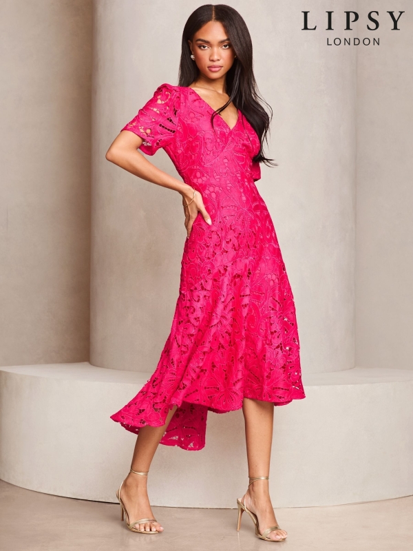 Lipsy Pink Premium Broderie Lace Short Sleeve V-Neck High Low Midi Dress