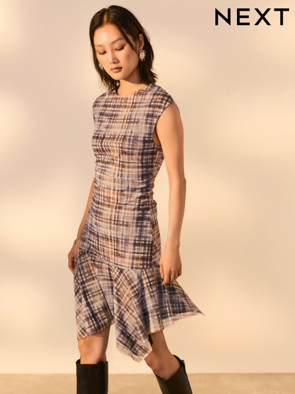 Light Blue Check Mesh Asymetric Short Sleeve Mini Dress