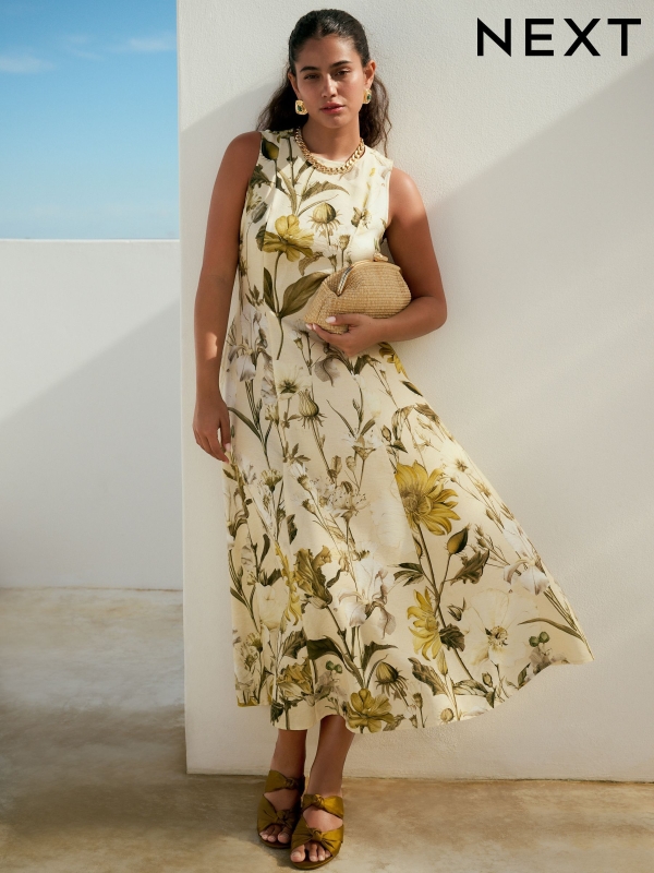Pastel Yellow Floral Print Sleeveless Column A-Line Maxi Dress