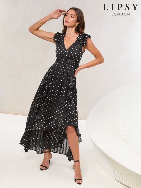 Lipsy Monochrome Spot Sleevless Ruffle Belted Maxi Dress