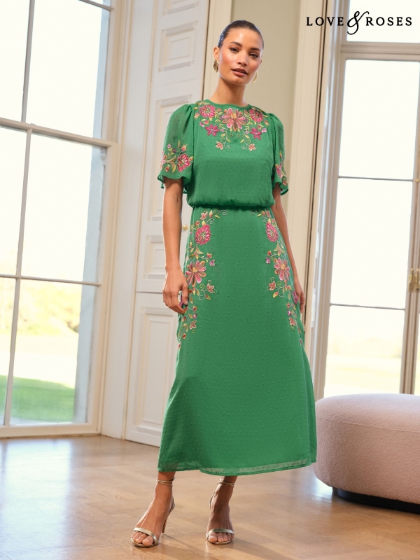 Love & Roses Green Floral Embroidered Crew Neck Angel Sleeve Midi Dress