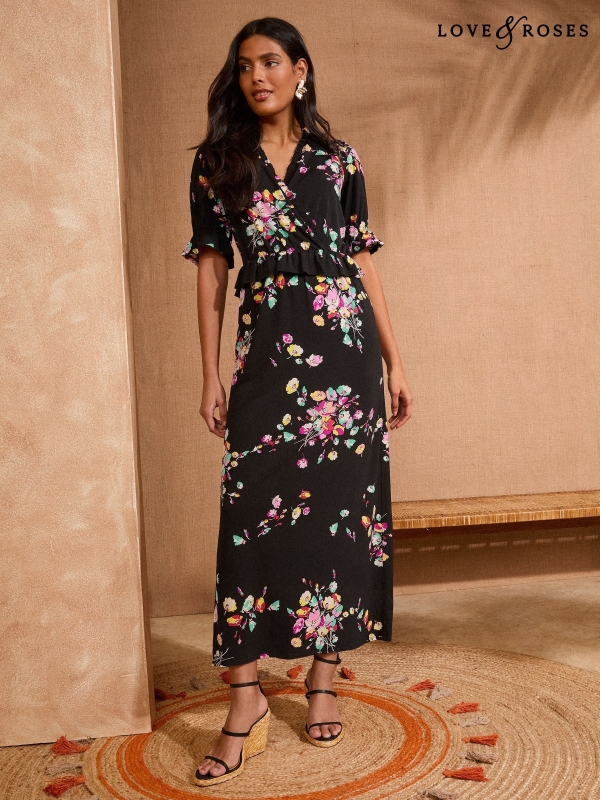 Love & Roses Black Floral Jersey Peplum Ruffle Short Sleeve Midi Dress