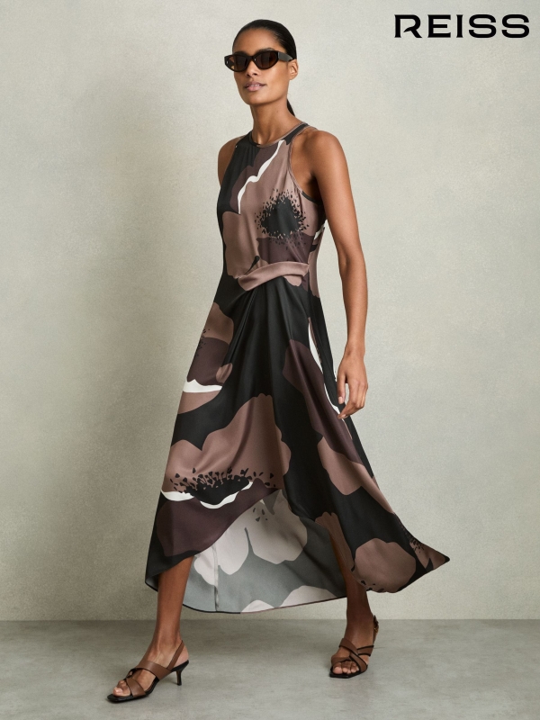 Reiss Brown Michalie Satin Floral Tuck Midi Dress