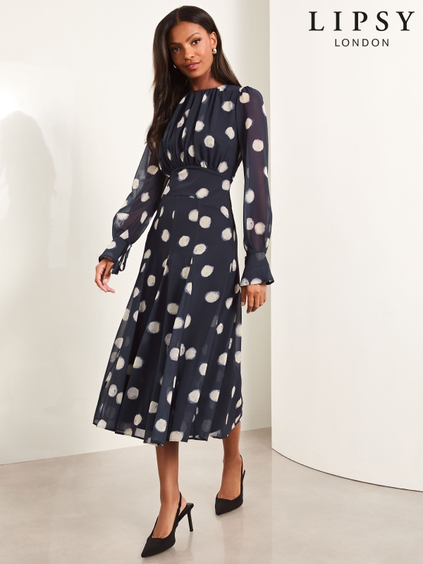 Lipsy Navy Spot Long Sleeve Gathered Waist Midi Dress