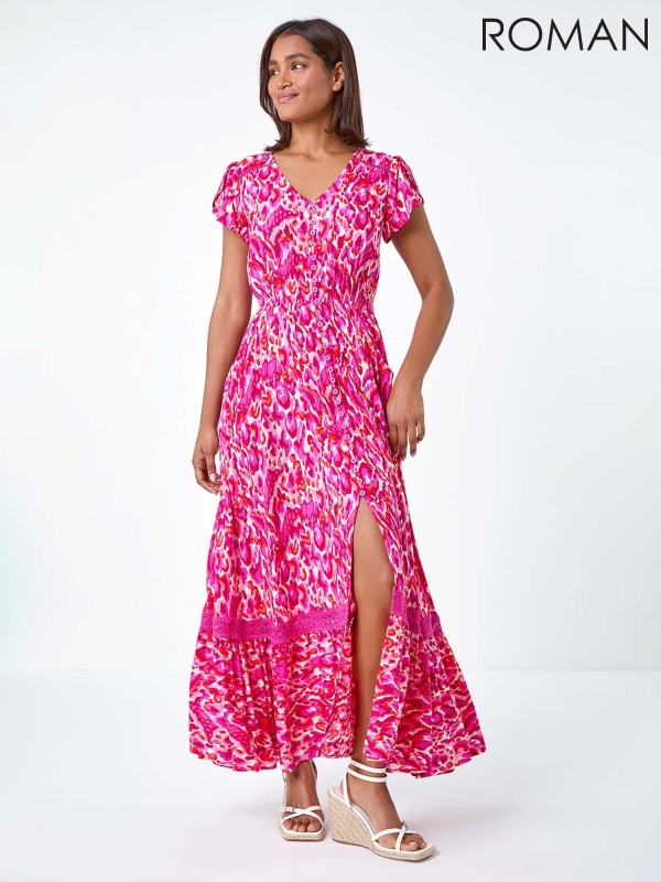 Roman Pink Abstract Print Shirred Waist Maxi Dress