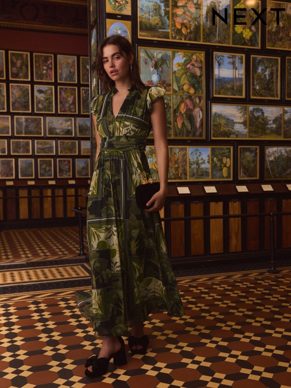 Green Floral Geo Print Kew Collection Pleated Mesh Print V-Neck Occasion Midi Dress