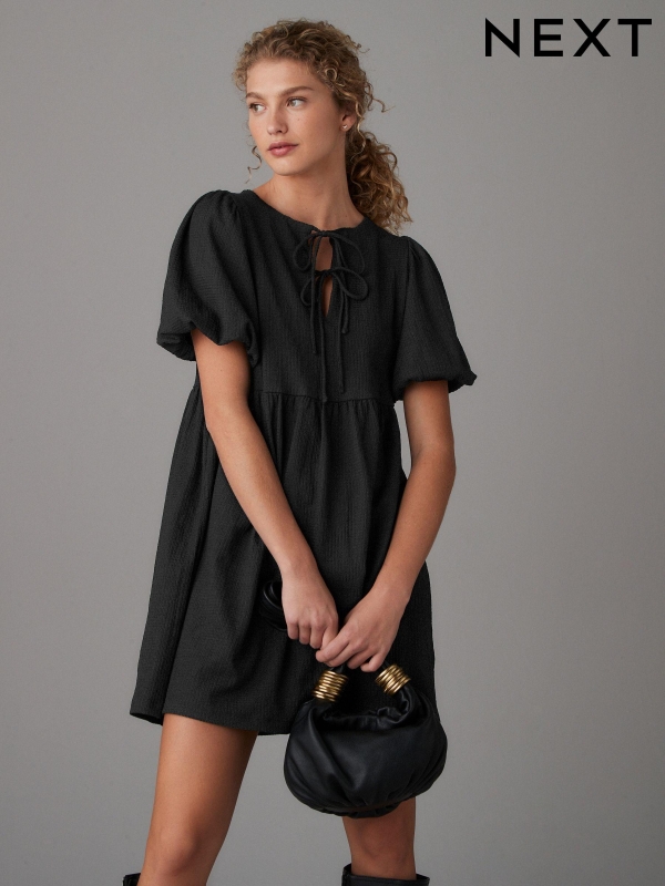 Black Textured Jersey Puff Sleeves Tie Front Detail Mini Dress