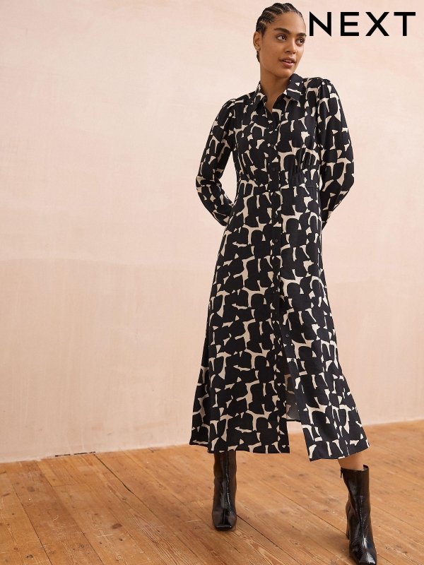 Black/White Geo Print Long Sleeves Midi Shirt Dress