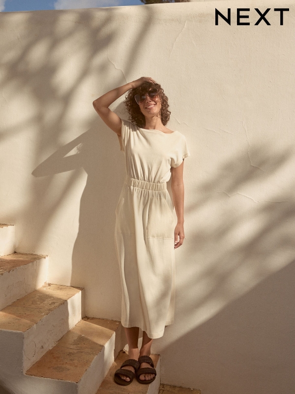 Cream 100% Cotton Summer Midi T-Shirt Dress