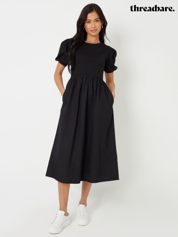 Threadbare Black 100% Cotton Puff Sleeve Jersey Poplin Mix Maxi Dress