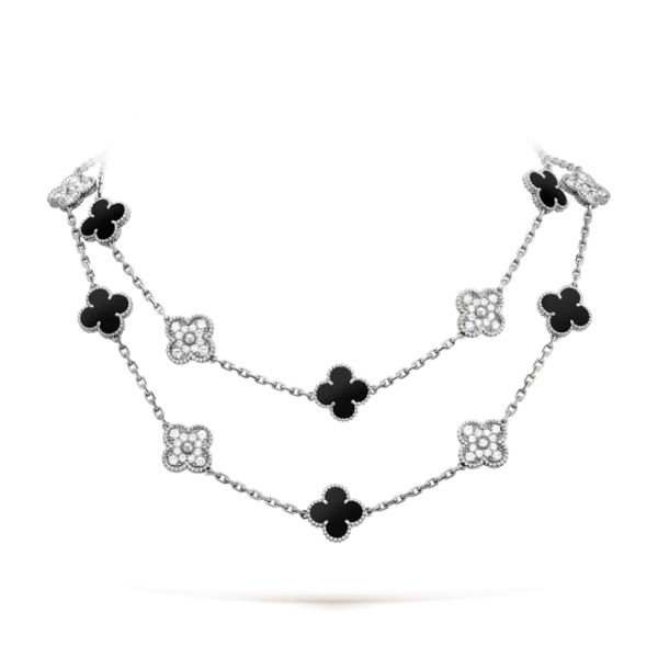 Clover 20 Motifs Onyx Diamond Silver Necklace