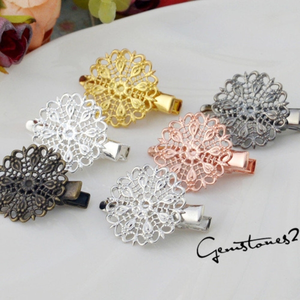 20pcs Brass Alligator Hair Clips W/ Filigree Floral Base, Brass Blank Hair Barrette, Blank Hair Clip For Hair Accessories -- 6 Colors 06221