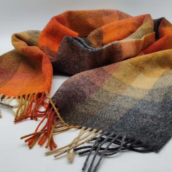 Irish Soft Lambswool Scarf - 100% Pure New Wool- Orange/Grey/Yellow Shadow Block Check  -Unisex- 10" X 78" (25cmX200cm)- HANDMADE IN IRELAND