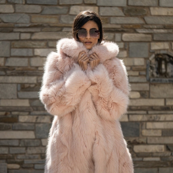 Long line fluffy pink fox fur coat with hood. Super warm real fox fur overcoat, winter clothing, women's outerwear. Christmas gift for her.