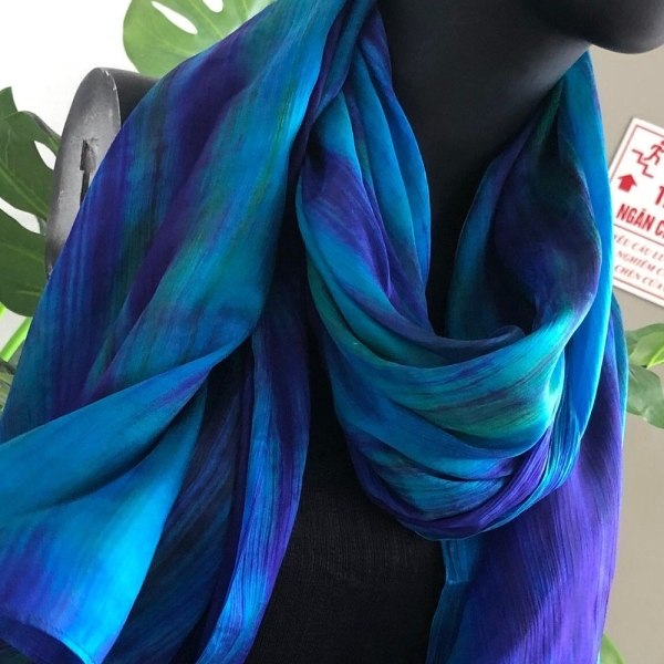 100% Silk Marbling Scarf Birthday Gift Hand Painted Scarf Ombre Scarf Mix of Blue and Purple Valentine Unique Gift for Girlfriend, Wife, Mom
