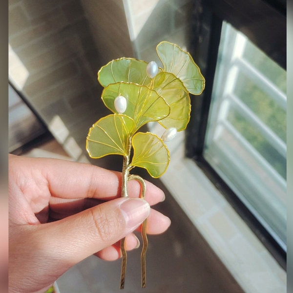 Handmade hairpin,Japanese Kanzashi hairpin,ginkgo hairstick,jewelry,for wedding,anime,Bridal Hanfu Hair Accessoriess,resin wire wrapped