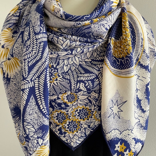 Wool Silk Luxury Extra Large Scarf Square Big Shawl Wrap 55x55" 140x140cm “Baobab Tree” Blue burgundy Double Face Scarf Holiday Season Gifts