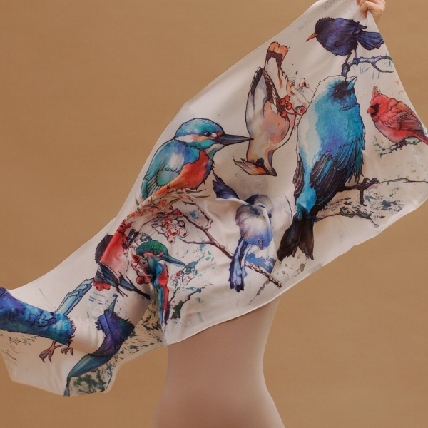Beautiful Silk Scarf with Bird Ornaments: Perfect Mother's Day handmade print Gift for mom Bag accessories Hair accessories