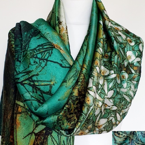 Luxury Soft Silky Scarf, Green Scarf, Personalised Gift For Her, Exotic Garden Bird Scarf, Gift Box Available, Emerald Green Scarf