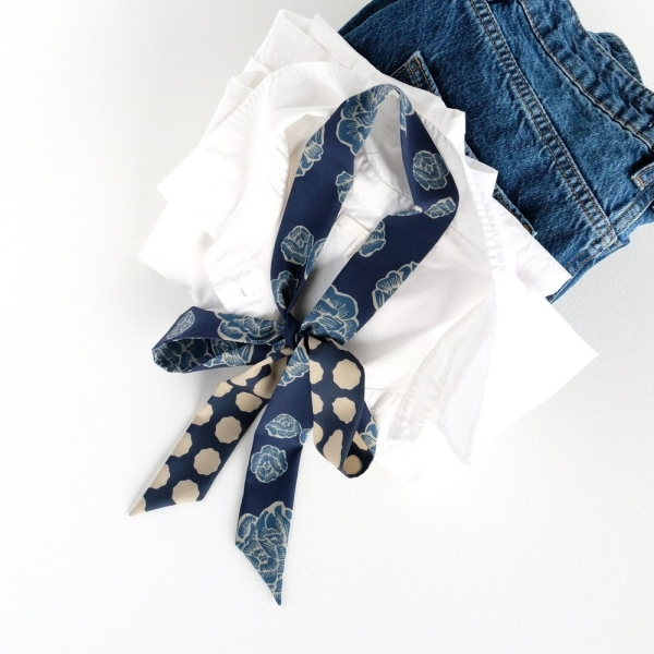 Blue floral skinny scarf, hair wrap, women's necktie, indigo blue ribbon choker scarf, modern professional style accent, boho-style belt