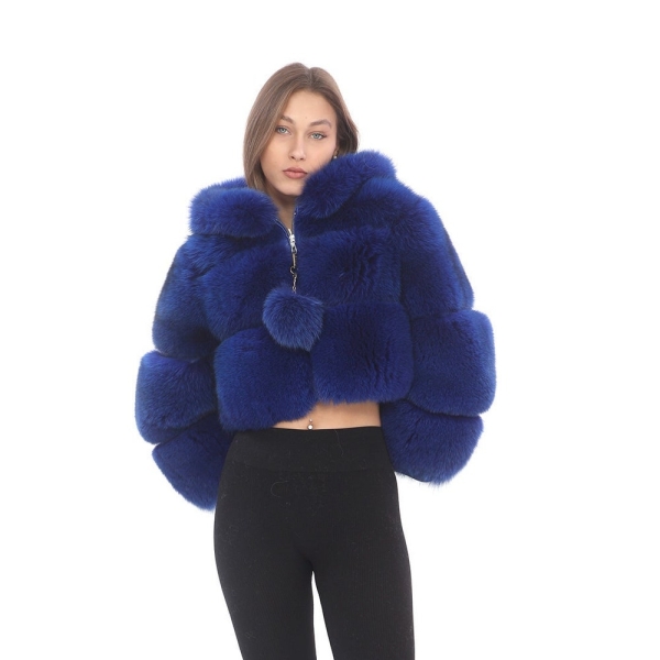 Fox Fur Cropped, high quality Coat Women coat, Blue Fox Fur Jacket Whit Hood