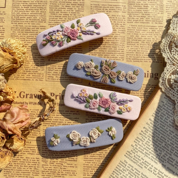 French Flower Embroidery Rectangular Hairpin, French Barrette Hair Clips, Floral Hair Pins, Floral Hair Accessories, Handmade Hair Clips