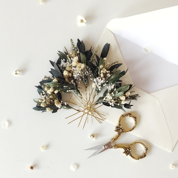 Greenery hairpins Baby's breath eucalyptus hair pins Rosemary Olive Wedding headpiece Green Bridal pins Bride to be Natural ivory hairpins