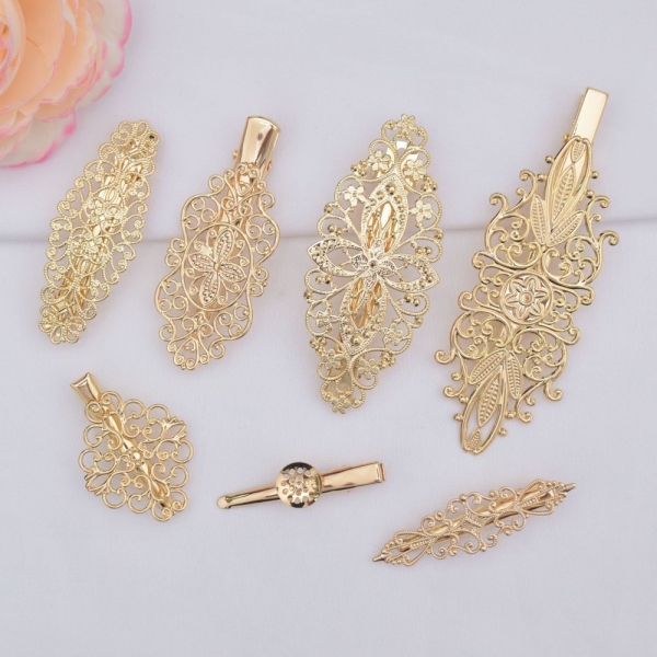 10 pcs Flat Filigree Surface Hair Clips, Snap Hair Barrettes, Round Cabochon Setting Alligator Clips, Blank Disc Multi Hole Base Hairclips