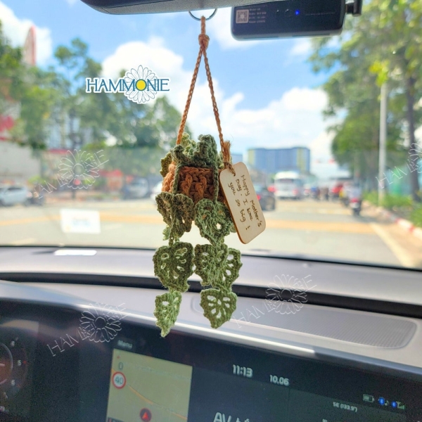 Crochet Car Plant Hanging, Crochet Monstera Plant Car Mirror Hanging, Car Accessories for Women, Plant Lover Gift, Cute Car Decor, Mum Plant