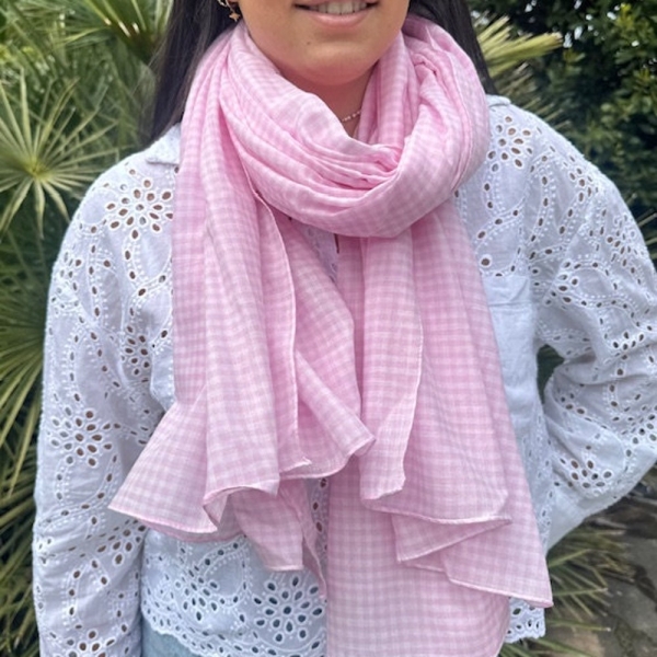 Women's scarf, Blue pink red gingham cotton scarf, Cotton scarf for women or men, Women's gift, Women's fashion and trend