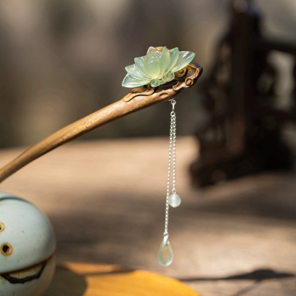 Natural Jade Lotus Green Hairpin-Green Sandalwood Hairpin-silver Hairpin-Beautiful Hairpin-Chinese Style-Vintage