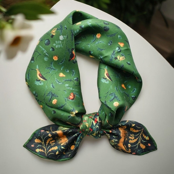 Silk Scarf, Green Natural Silk for Women, 100% Real Silk Twill, Printed Birds,  Square Shawl Wrap, Elegant Lady Bandana, 26 inches
