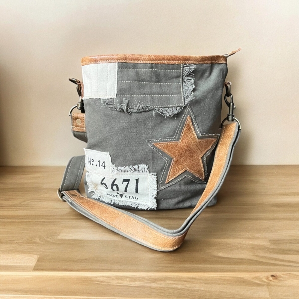 Vintage STAR Leather Crossbody Canvas Bag| Messenger bag for women | Shoulder Bag Adjust | Upcycled Handmade Fashion Accessories Myra bag
