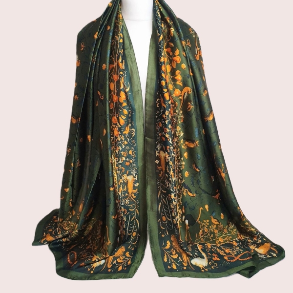 Luxury Soft Silky Scarf, Dark green Scarf, Personalised Gift For Her, Gift Box Card Available, Women's Head Scarf, Bird design Scarf