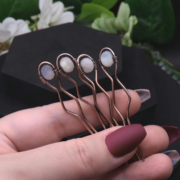 Moonstone Crystal Hair Pins - Antique Copper Updo Accessories - Hair Styling accents - Fairy Wedding Hair Pin Gems