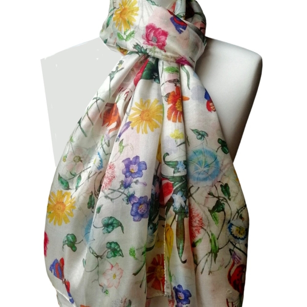 Pareo/Stole/Scarf - 100% Natural Silk Veil - 180 x 110 cm - Spring Theme - Flowers and Butterflies