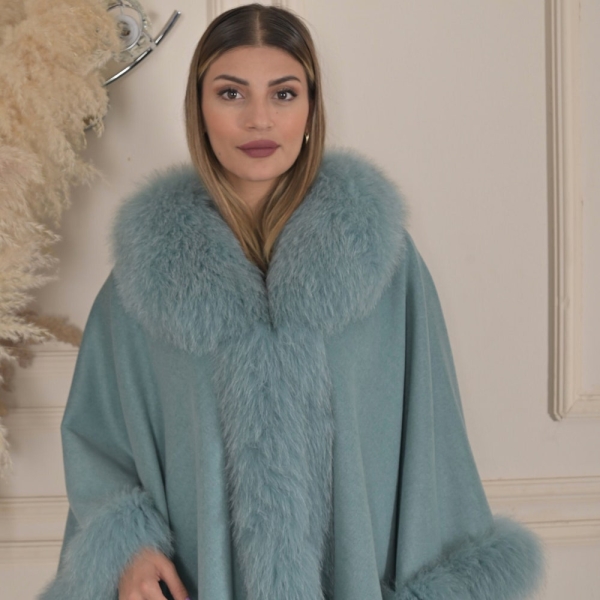 Teal Cashmere Cape with Fox Fur Trim | Luxury Winter Shawl | Elegant Women’s Wrap, Handcrafted Fashion