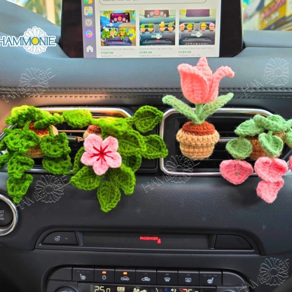 Crochet Plant Car Vent Clip, Crochet Pink Car Decor, Car Accessories for Women, Car Air Freshener Decor, Plant Lover Gift