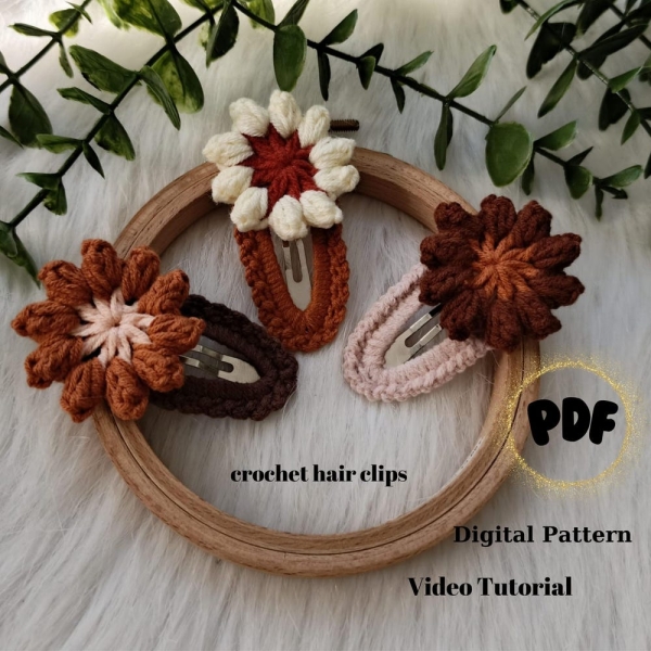 Flower Hair Clips PATTERN, Daisy Crochet Applique Hair Pin, Handmade Hair Tie, Floral Barrettes, Beginner Friendly, Play Food, Mini Crochet